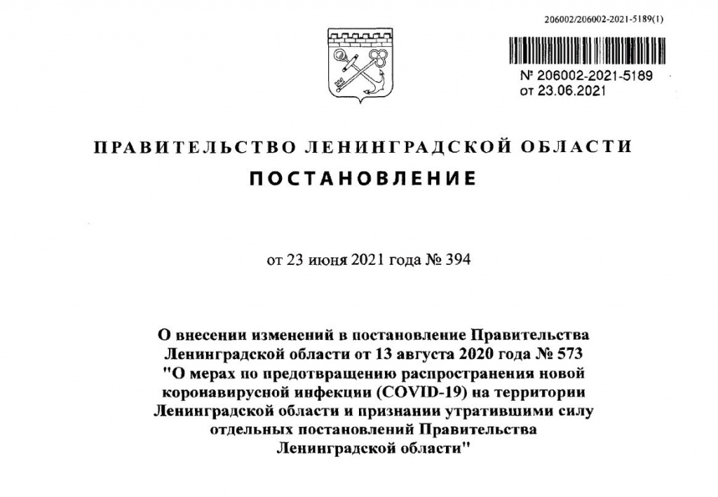 Постановление Правительства Ленинградской области от 23.06.2021 № 394