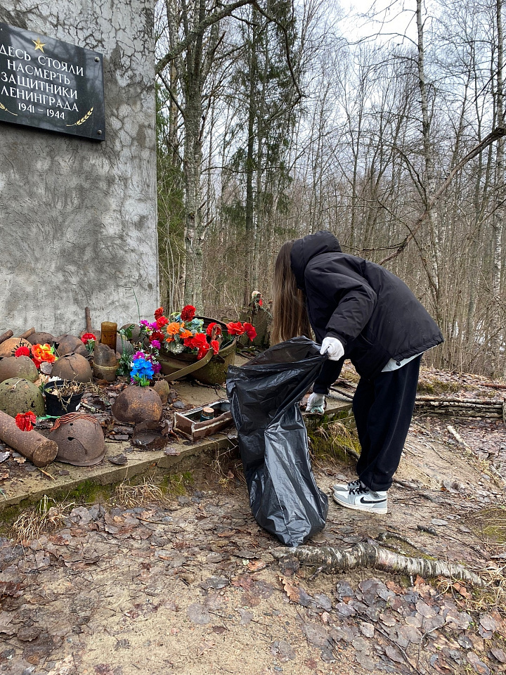 Волонтёры Ломоносовского района провели уборку территории мемориала «Высота 105.3»