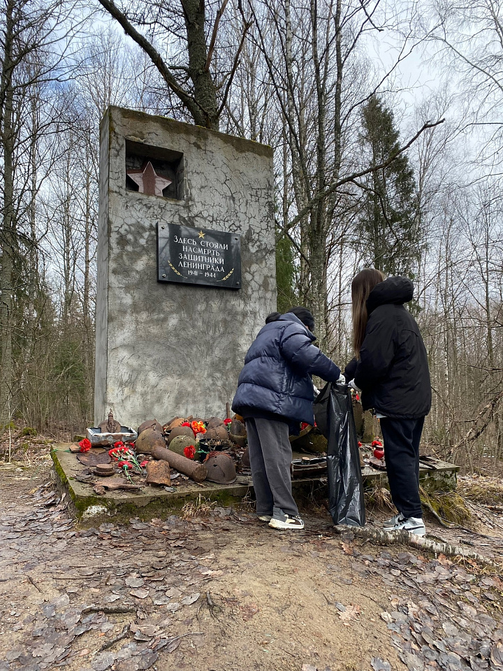 Волонтёры Ломоносовского района провели уборку территории мемориала «Высота 105.3»